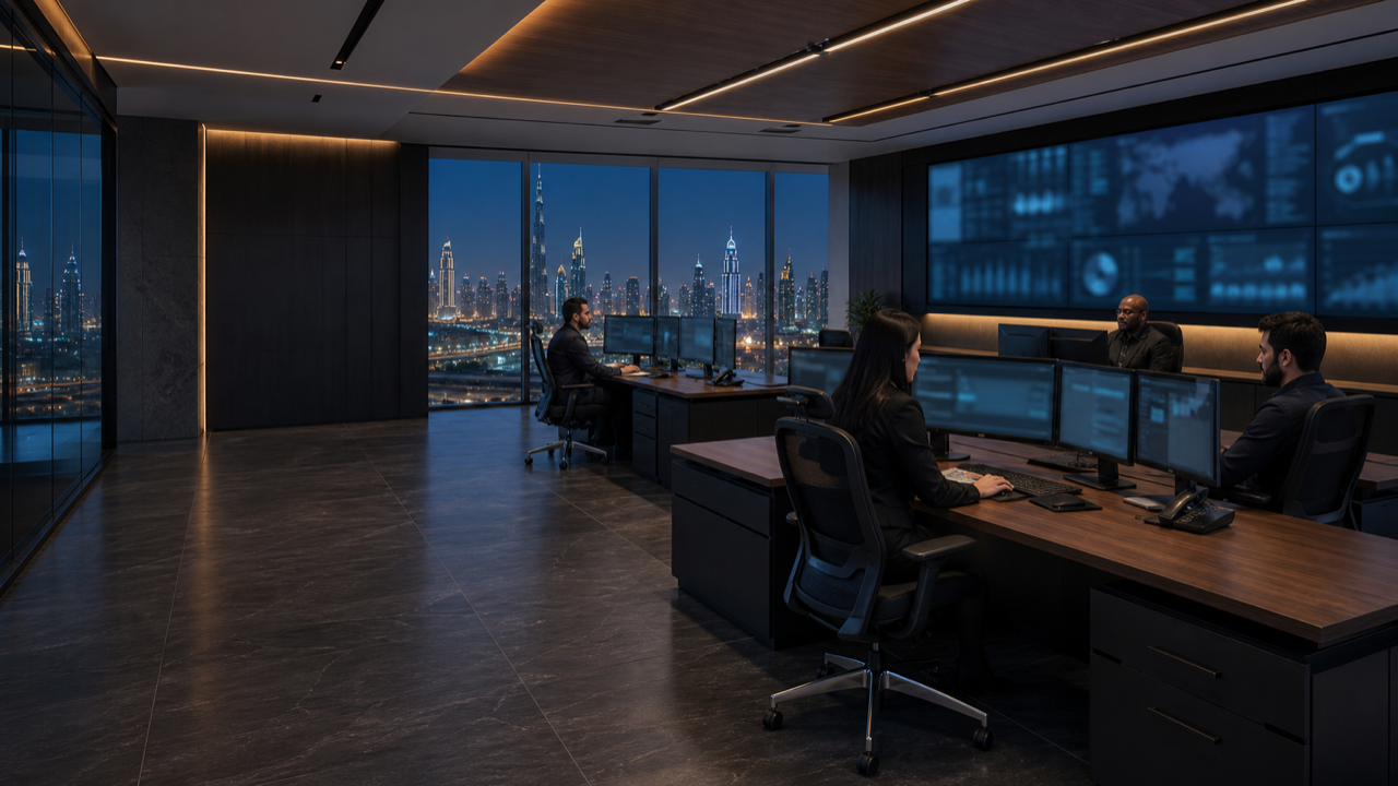 Sovereign security operations studio overlooking Dubai